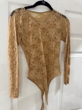 American Apparel Lace Long Sleeve Bodysuit in Beige
